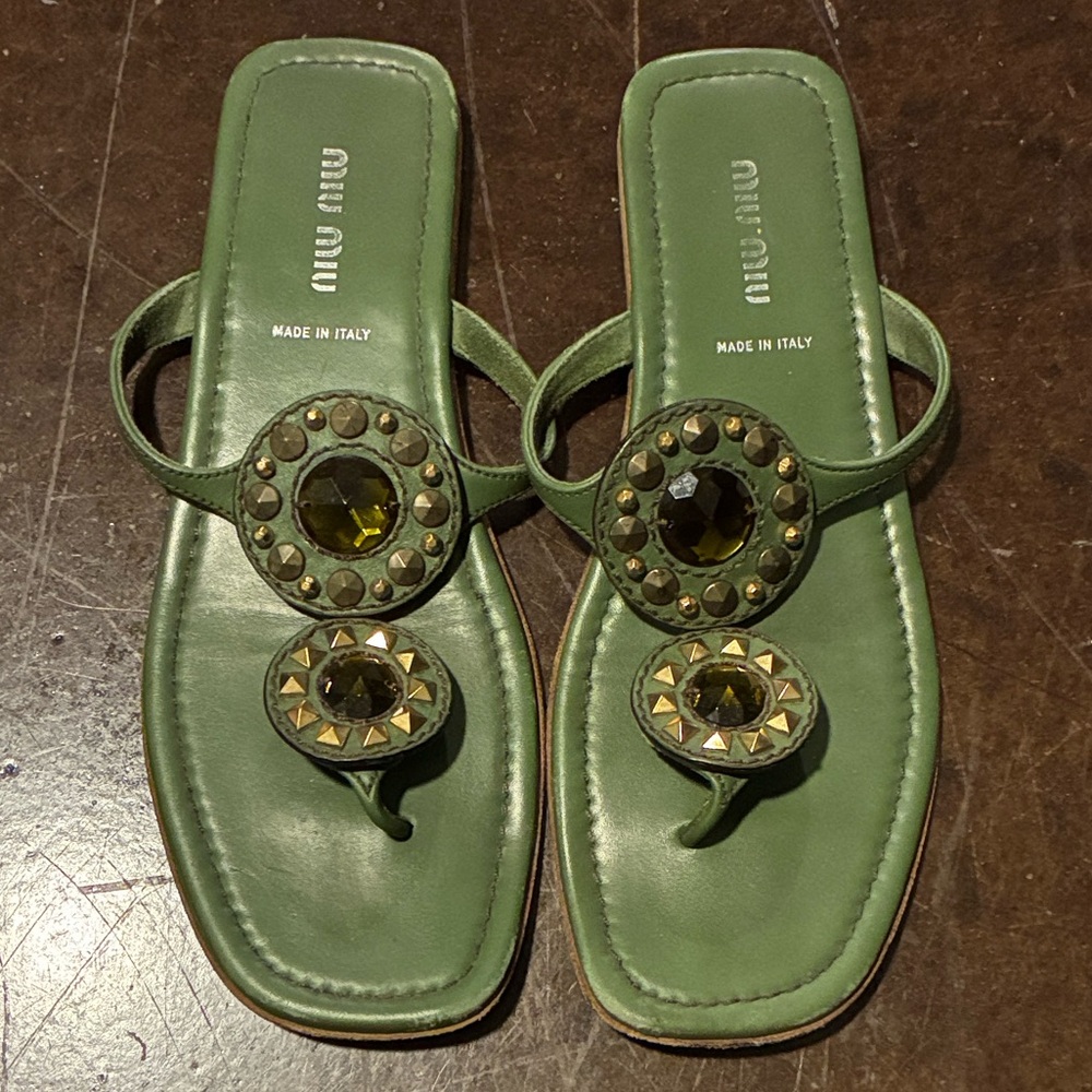 Miu Miu Olive Green Embellished Sandals